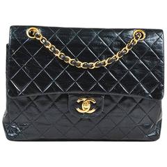 Vintage Chanel Black & Gold Tone Leather Chain Strap Quilted Double Flap Bag