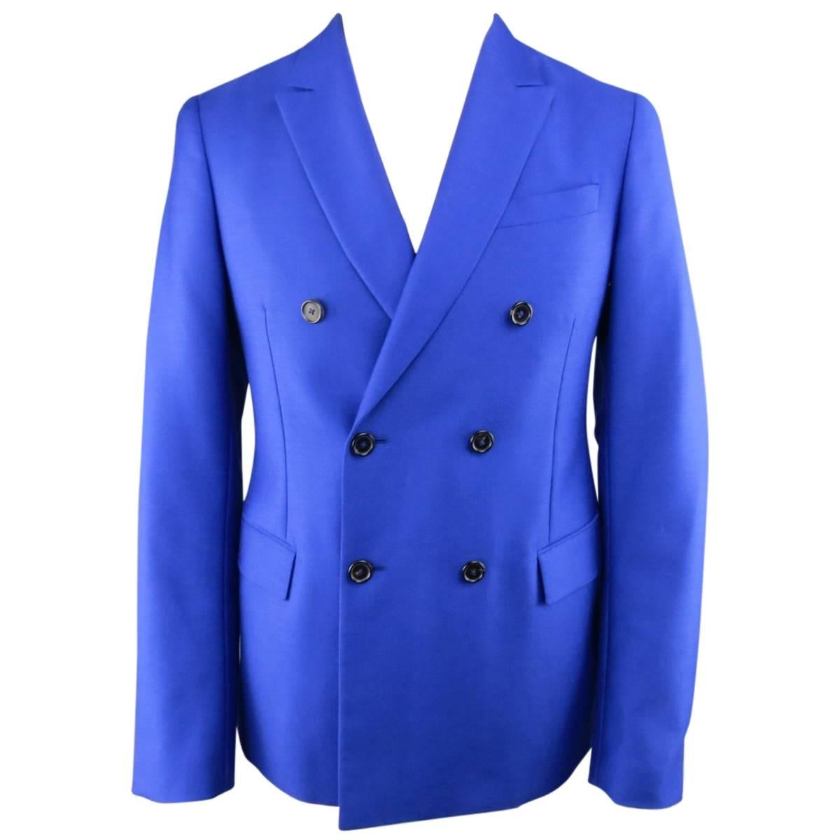 Men's JIL SANDER 36 Short Royal Blue Double Breasted Peak Lapel Sport Coat