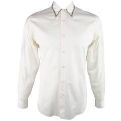 Men's PRADA Fall 2009 Size M White Cotton Studded Collar Long Sleeve Shirt