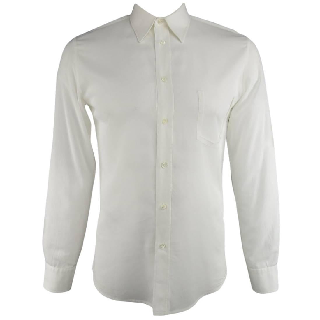 MAISON MARTIN MARGIELA L White Sheer Cotton Frayed Trim Pocket Long Sleeve Shirt