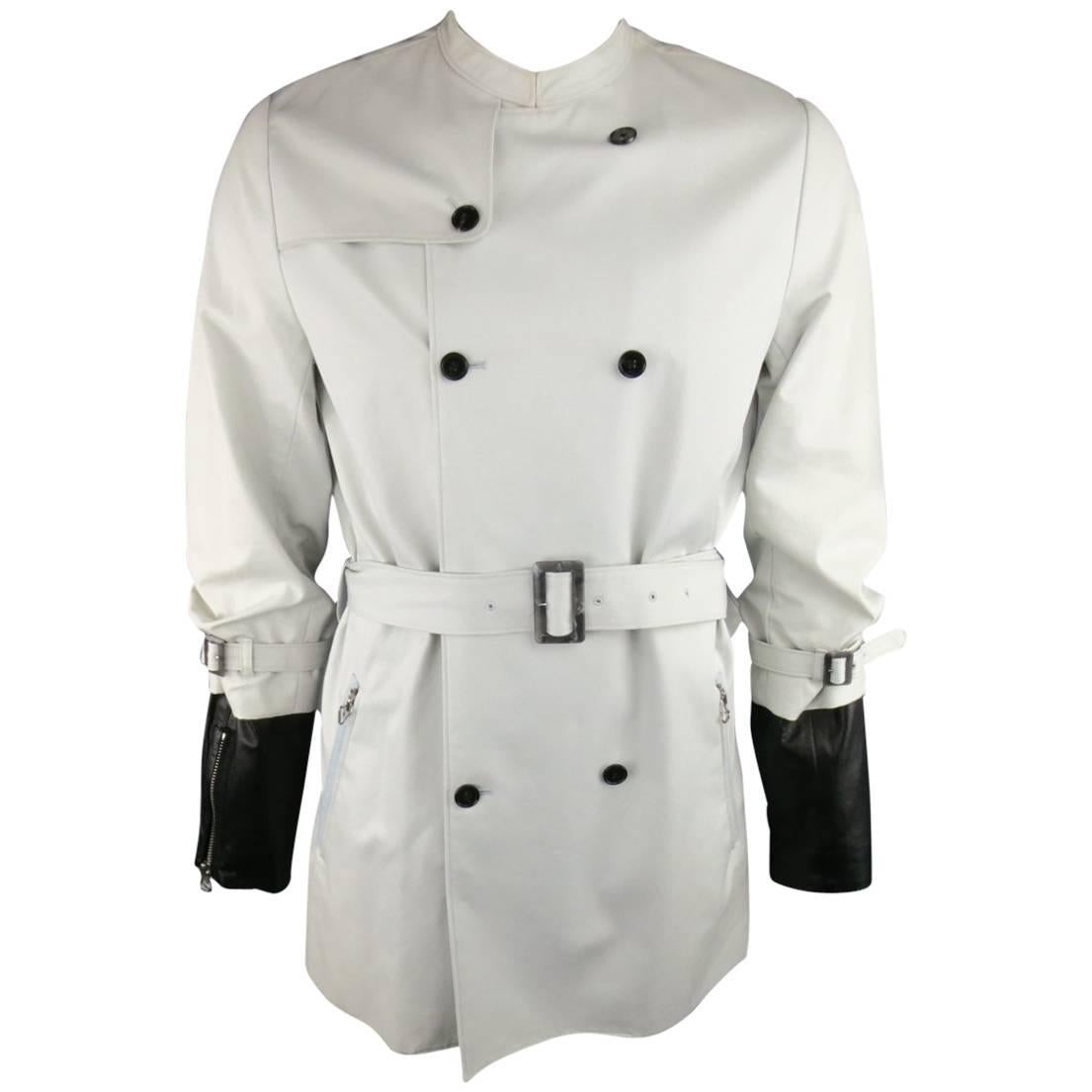 3.1 PHILLIP LIM M Khaki Cotton Band Collar Leather Sleeve Trenchcoat