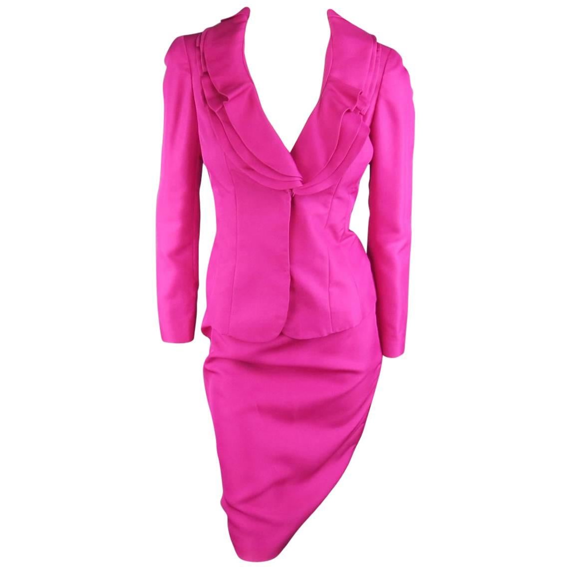 VALENTINO Size 4 Fuchsia Textured Silk Taffeta Ruffled Collar Jacket Skirt Suit