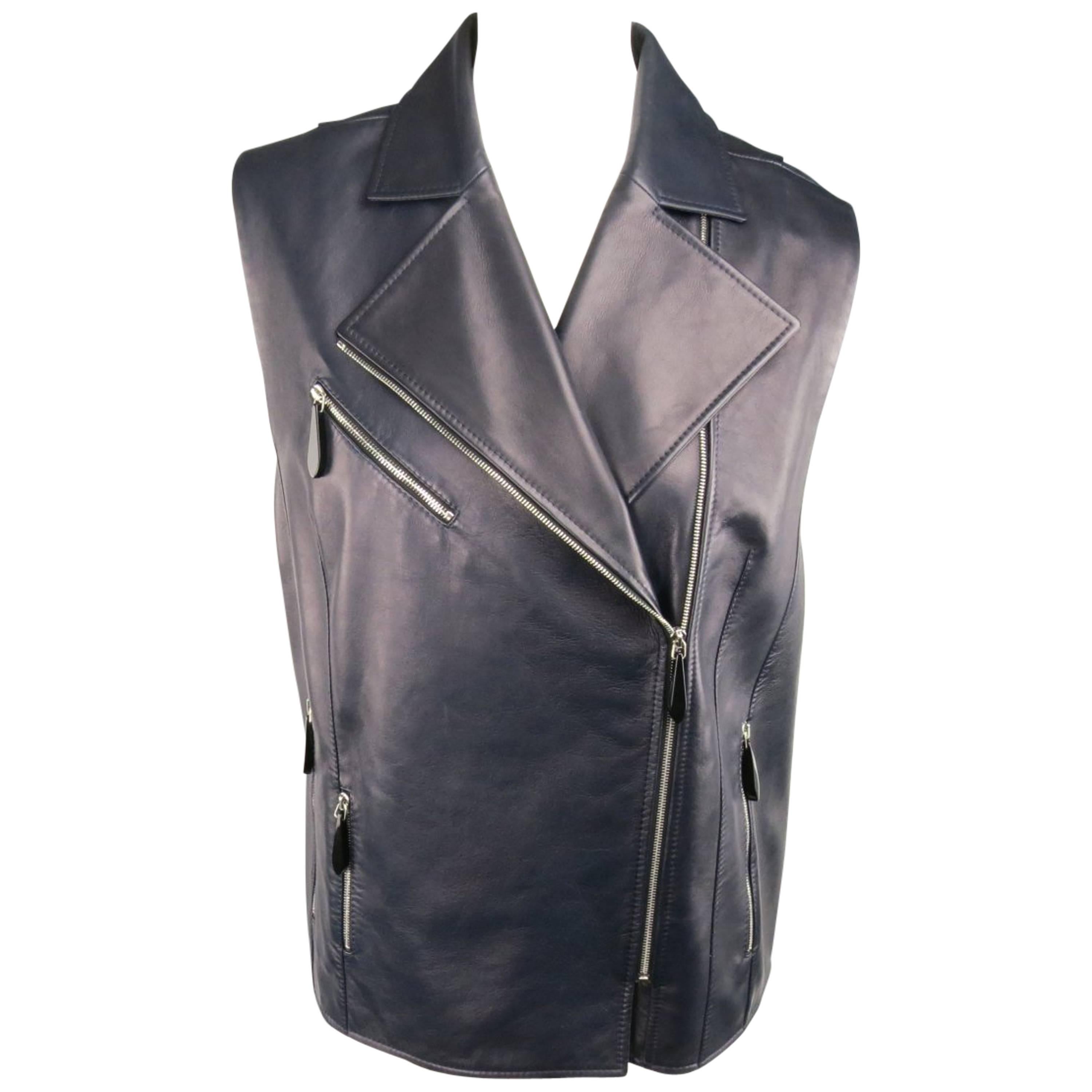 LENA LUMELSKY Size 4 Navy Leather Structured Back Motorcycle Leather Vest  For Sale