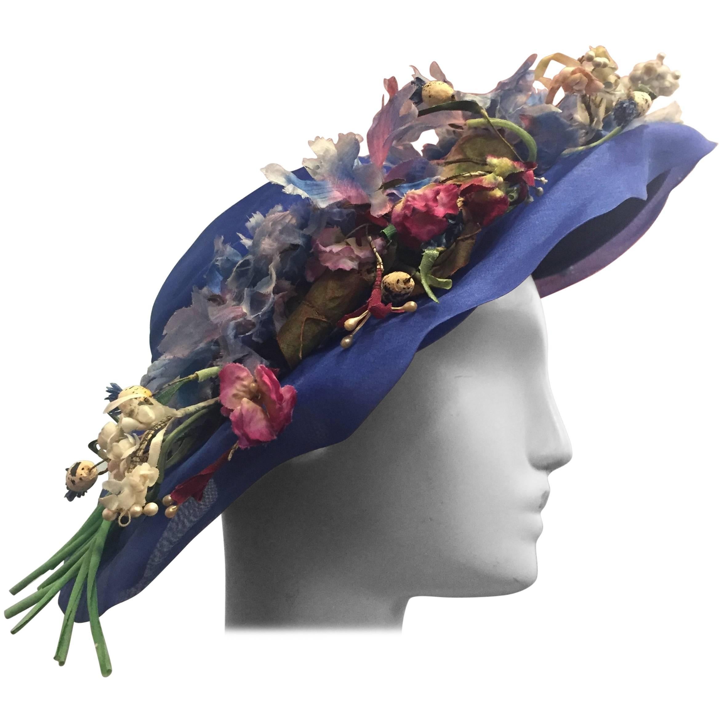 1940's Periwinkle Netted Straw Sun Hat w/ Wildflower Bouquets 