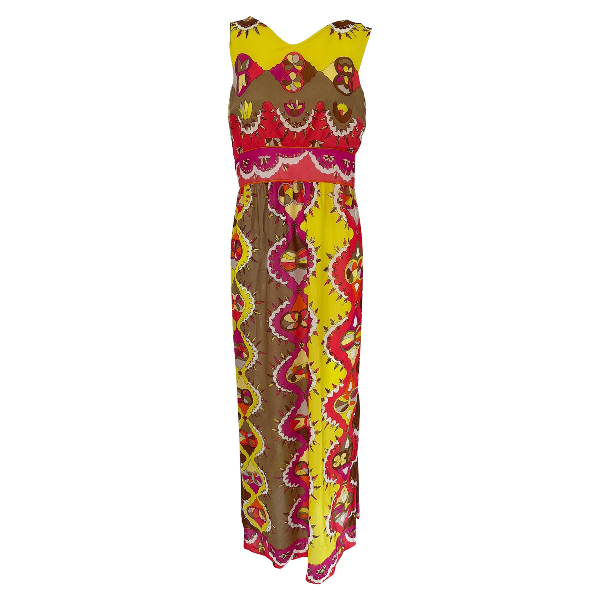 Emilio Pucci Formfit Rogers Yellow Pink Sleeveless Side Vent Maxi Dress 1970s M en vente