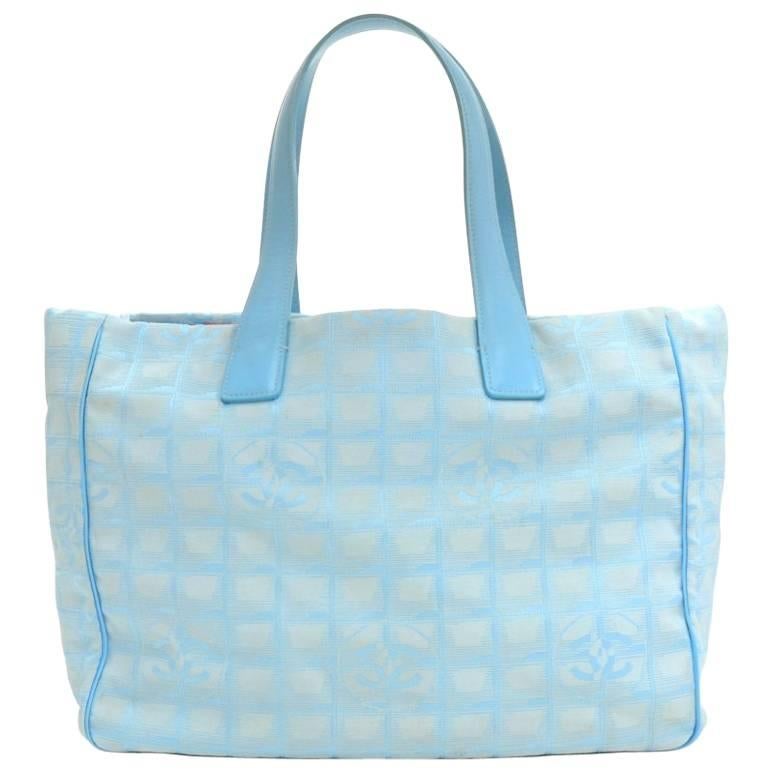 Chanel Travel Line Light Blue Jacquard Nylon Large Tote Bag