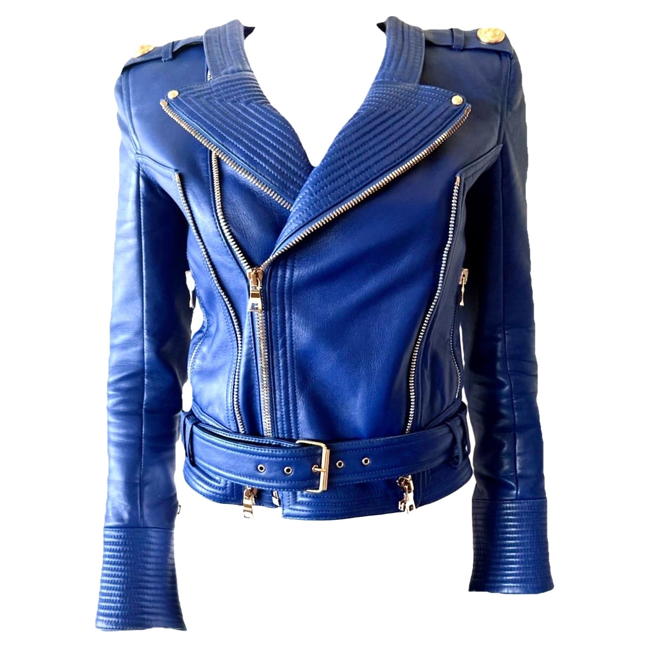 BALMAIN Kobaltblaue Lammfell gesteppte Biker Moto Jacke mit goldener Hardware FR 34