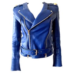 BALMAIN Kobaltblaue Lammfell gesteppte Biker Moto Jacke mit goldener Hardware FR 34
