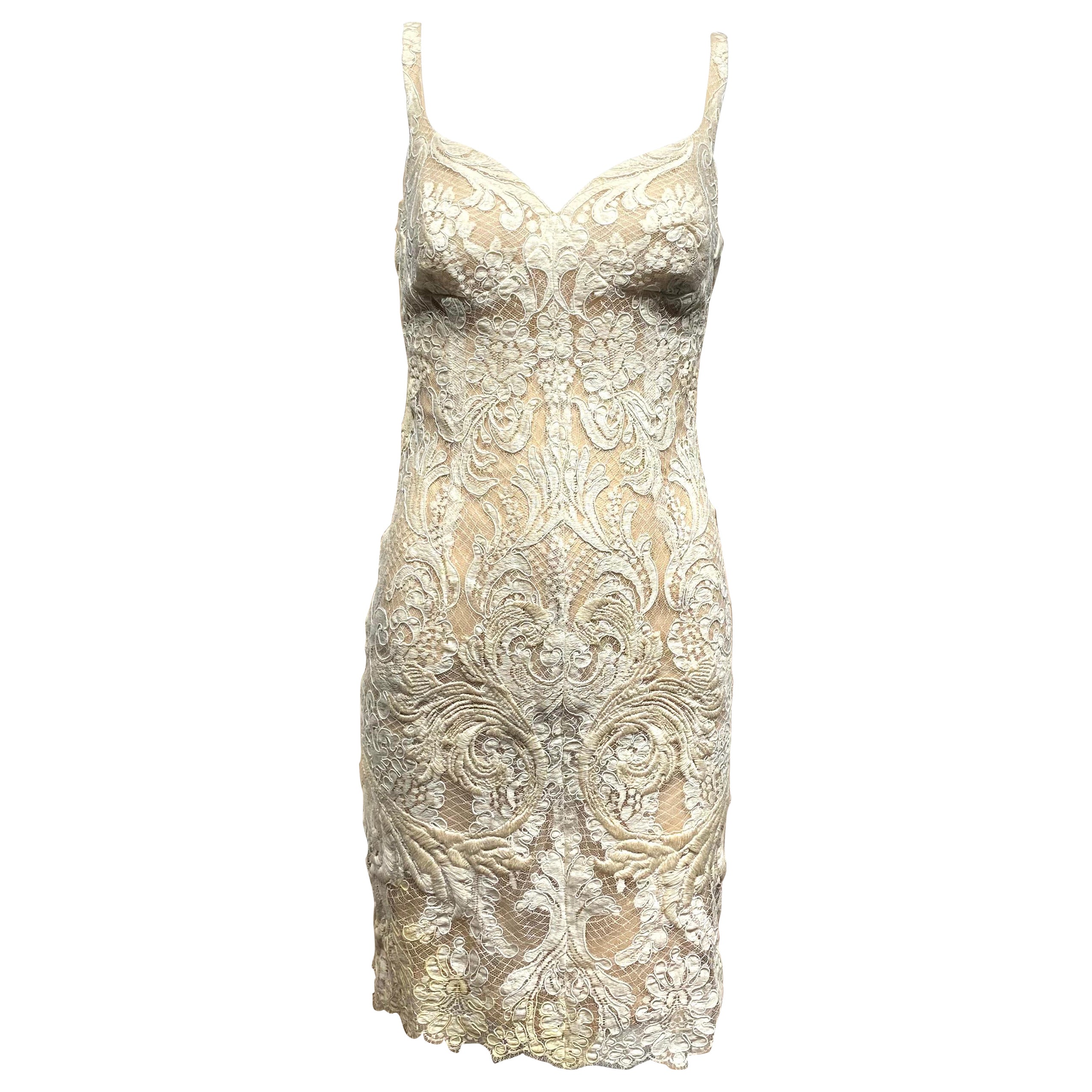 90er Gianfranco Ferre Cremefarbenes Cocktailkleid aus Spitze im Angebot