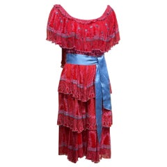 1970s Zandra Rhodes Red and Blue Print Off Shoulder Silk Dress
