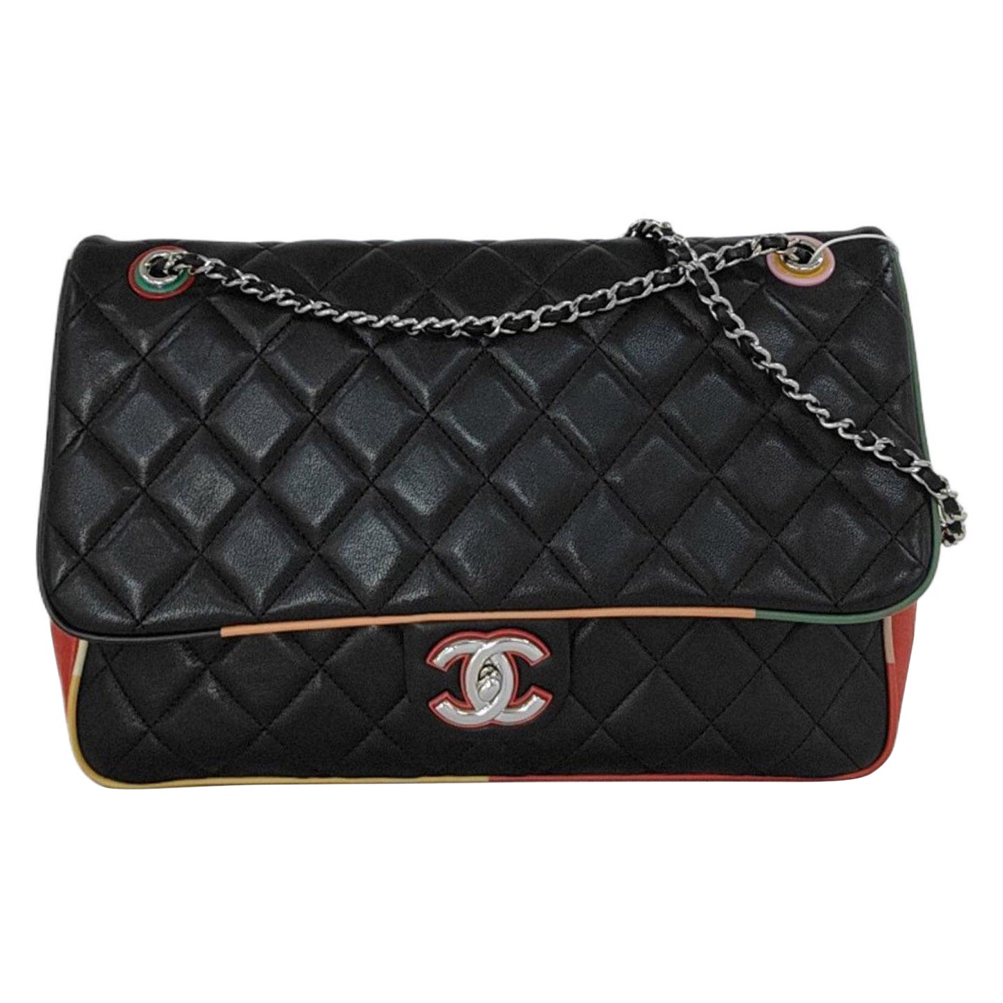 Chanel Color Jumbo Quilted Single Flap Bag Black Leather Multicolor Trim
