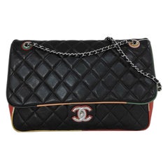 Chanel Color Jumbo Quilted Single Flap Bag Black Leather Multicolor Trim