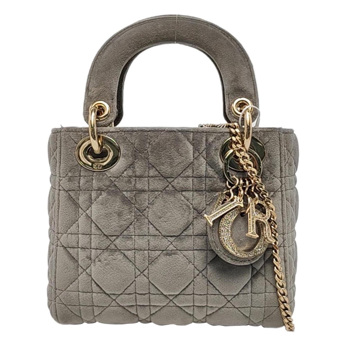 Lady Dior Mini velours gris Cannage or Bracelet en chaîne
