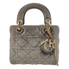 Lady Dior Mini velours gris Cannage or Bracelet en chaîne