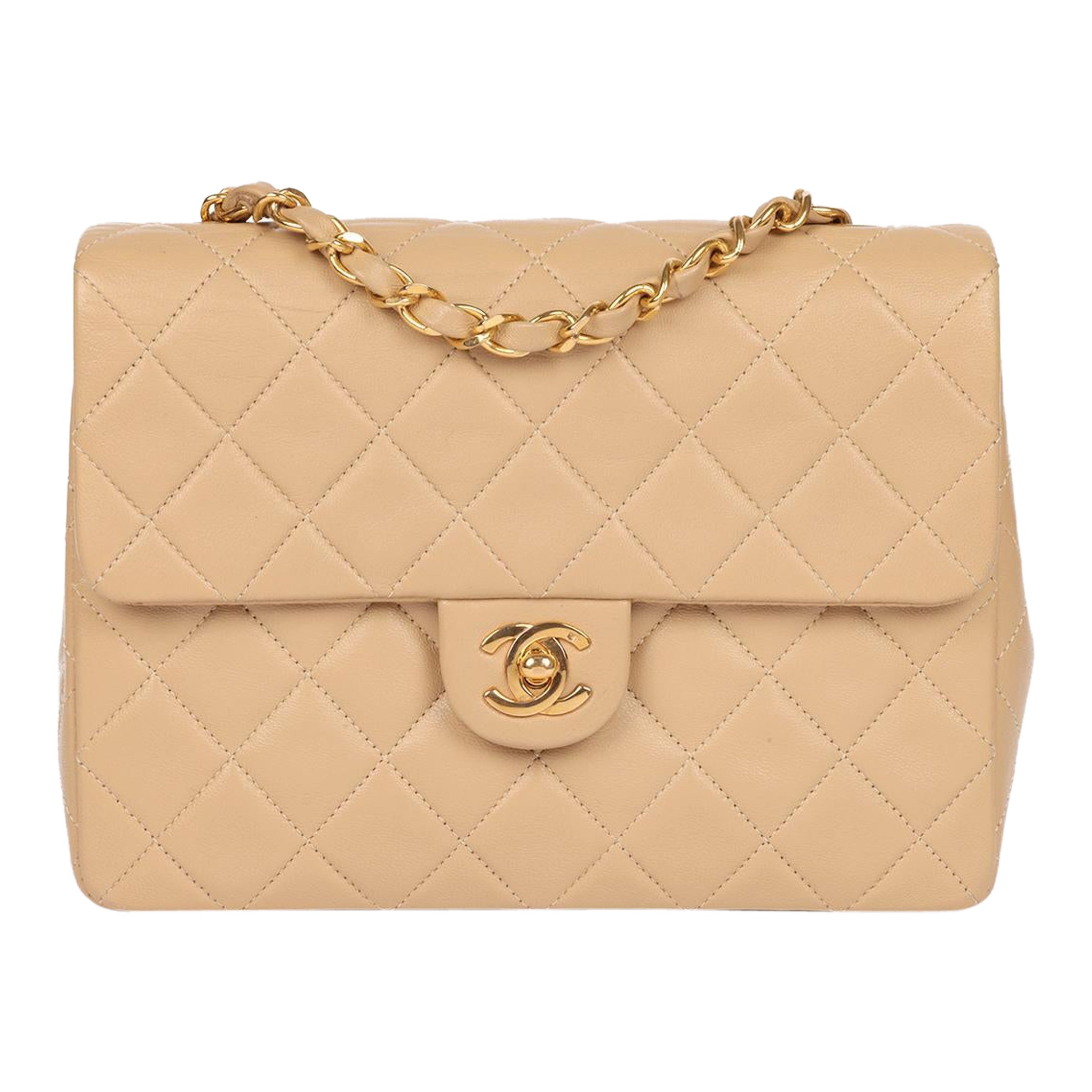 Chanel Beige Quilted Lambskin Leather Vintage Square Mini Flap Bag For Sale