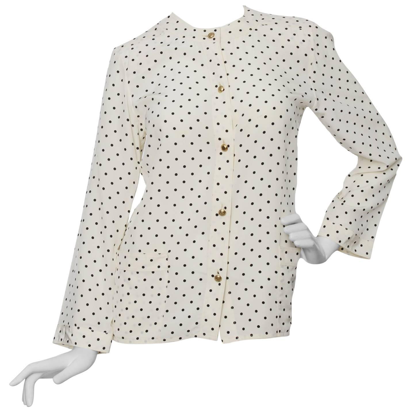 White Chanel Polka Dot Silk Blouse