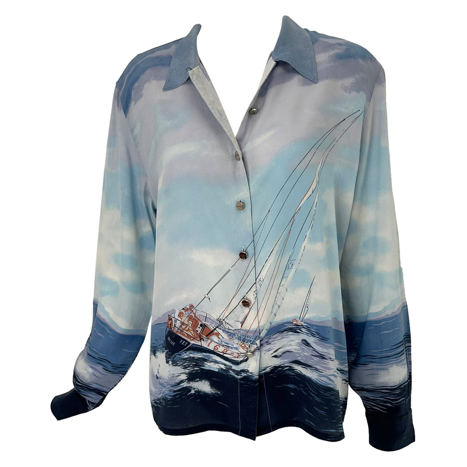 Escada Sail Boat Silk Print Long Sleeve Button Front Blouse 42 For Sale