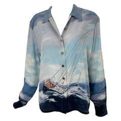 Vintage Escada Sail Boat Silk Print Long Sleeve Button Front Blouse 42