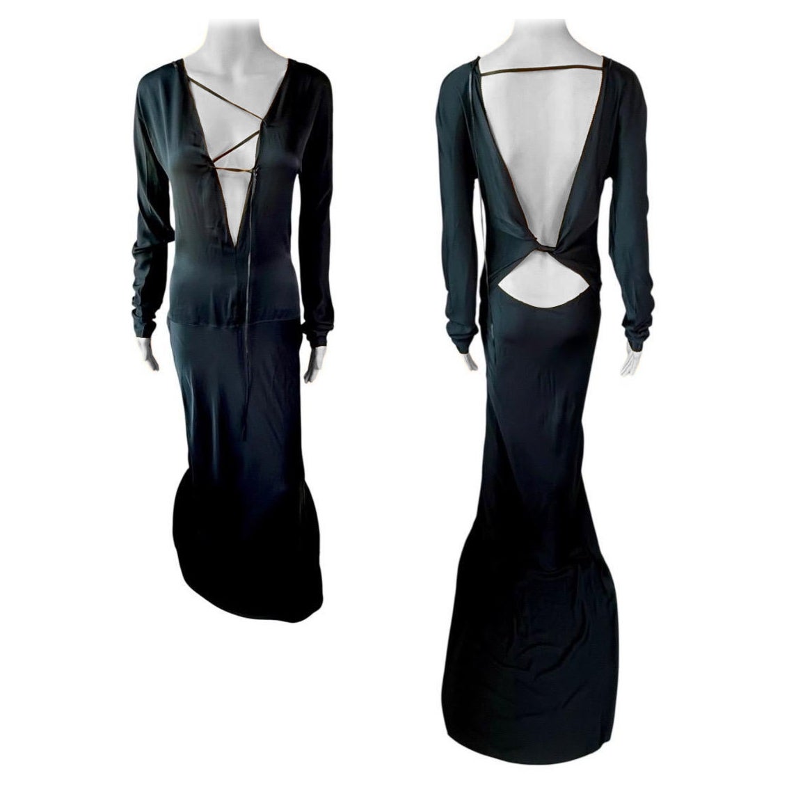 Tom Ford for Gucci F/W 2002 Runway Unworn Lace Up Train Black Silk Evening Dress For Sale