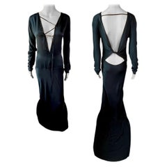 Tom Ford for Gucci F/W 2002 Runway Unworn Lace Up Train Black Silk Evening Dress