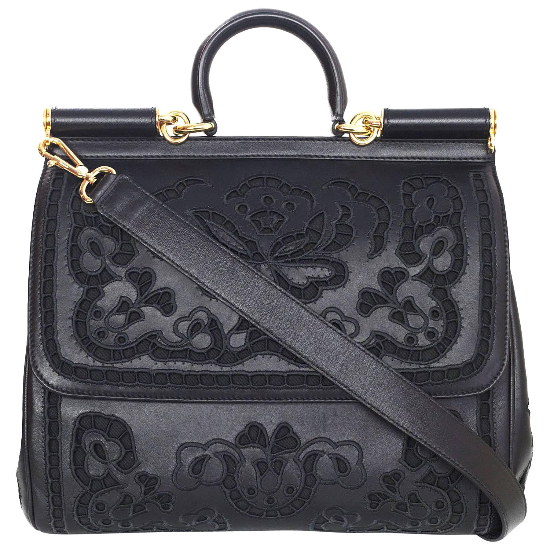 Dolce & Gabbana Black Laser Cut Lace Miss Sicily Handle Bag