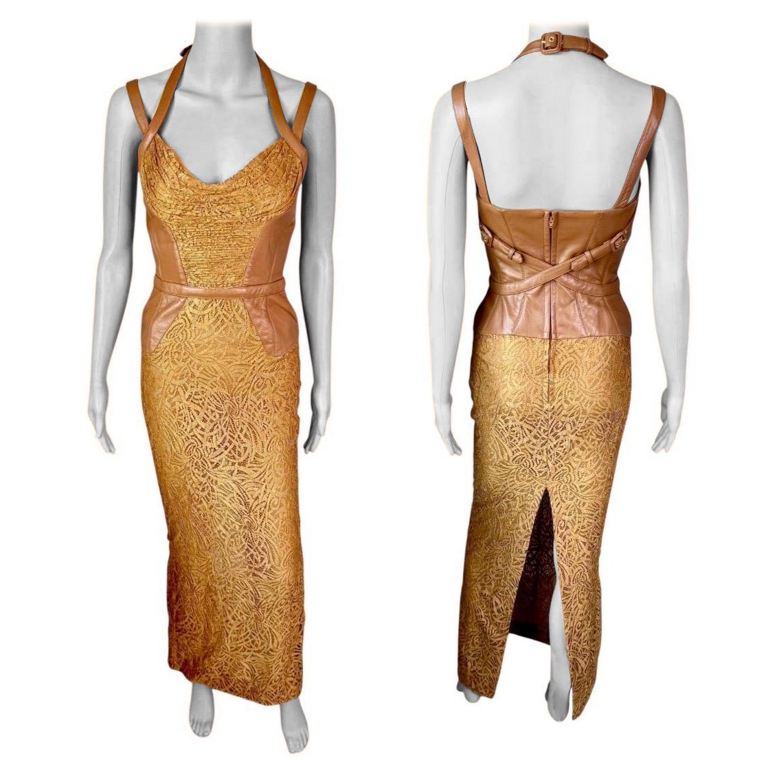 Gianni Versace F/W 2001 Runway Vintage Lace Leather Buckle Bandage Evening Dress