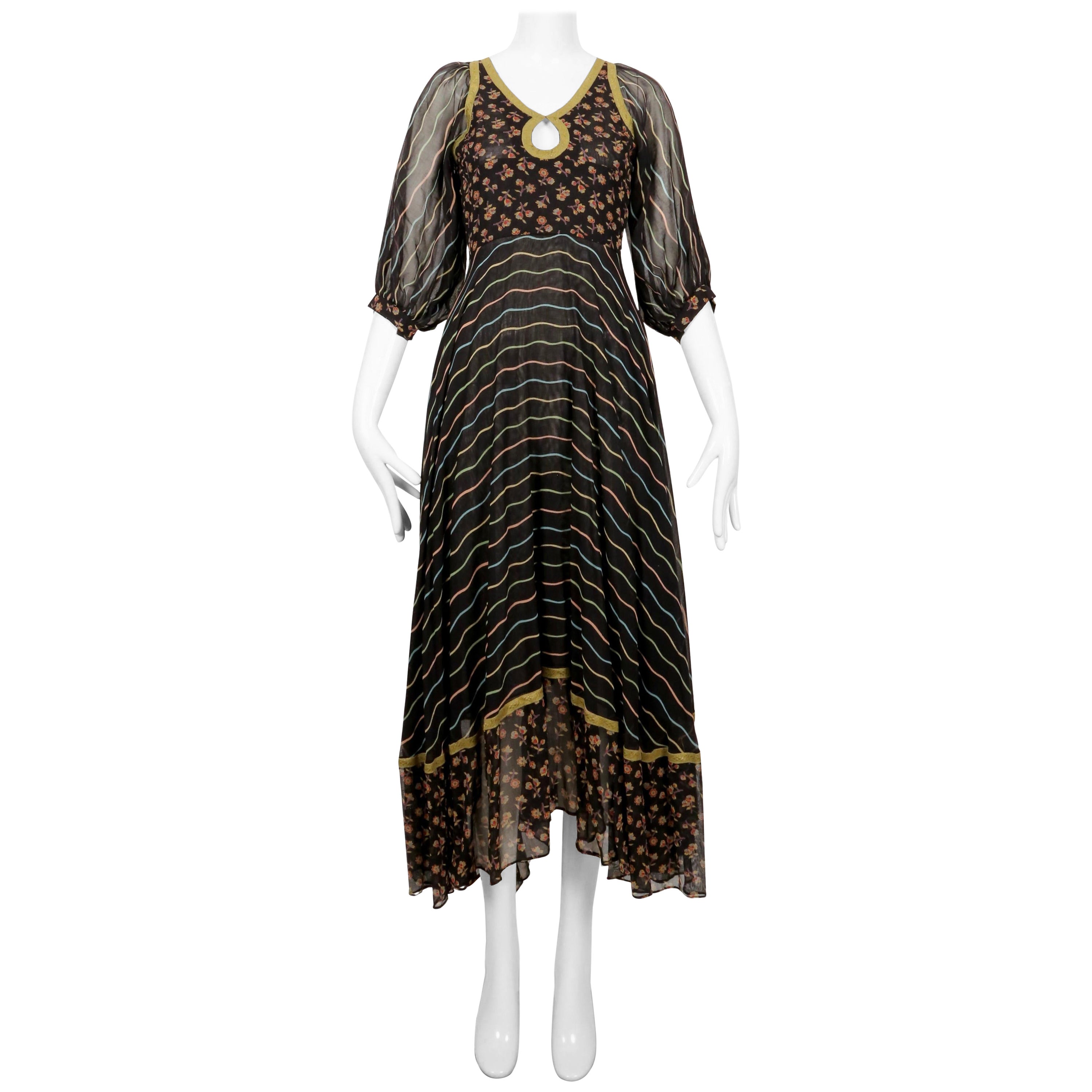 1971 THEA PORTER long floral coat with metal ribbon For Sale