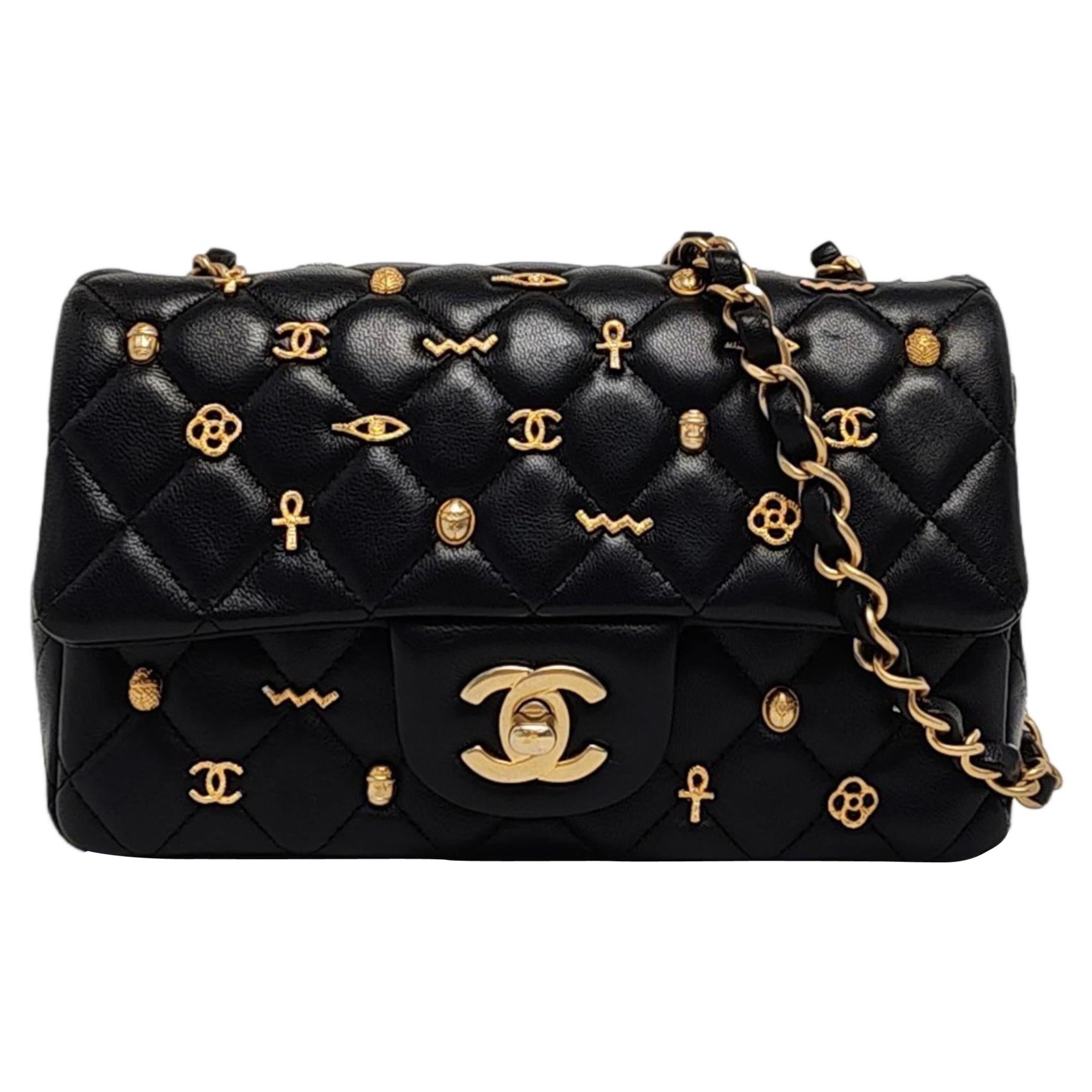 Chanel Classic Flap Mini Egyptian Amulet Black Lambskin Leather Gold Hardware For Sale