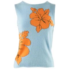 Lucien Pellat-Finet Blue Cashmere Blouse with Orange Hibiscus - S 12