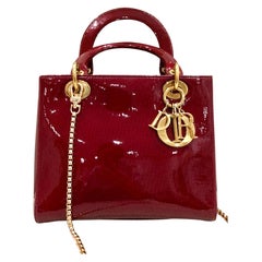 Lady Dior Vintage Medium Red Patent Leather Monogram Embossed Gold Hardware