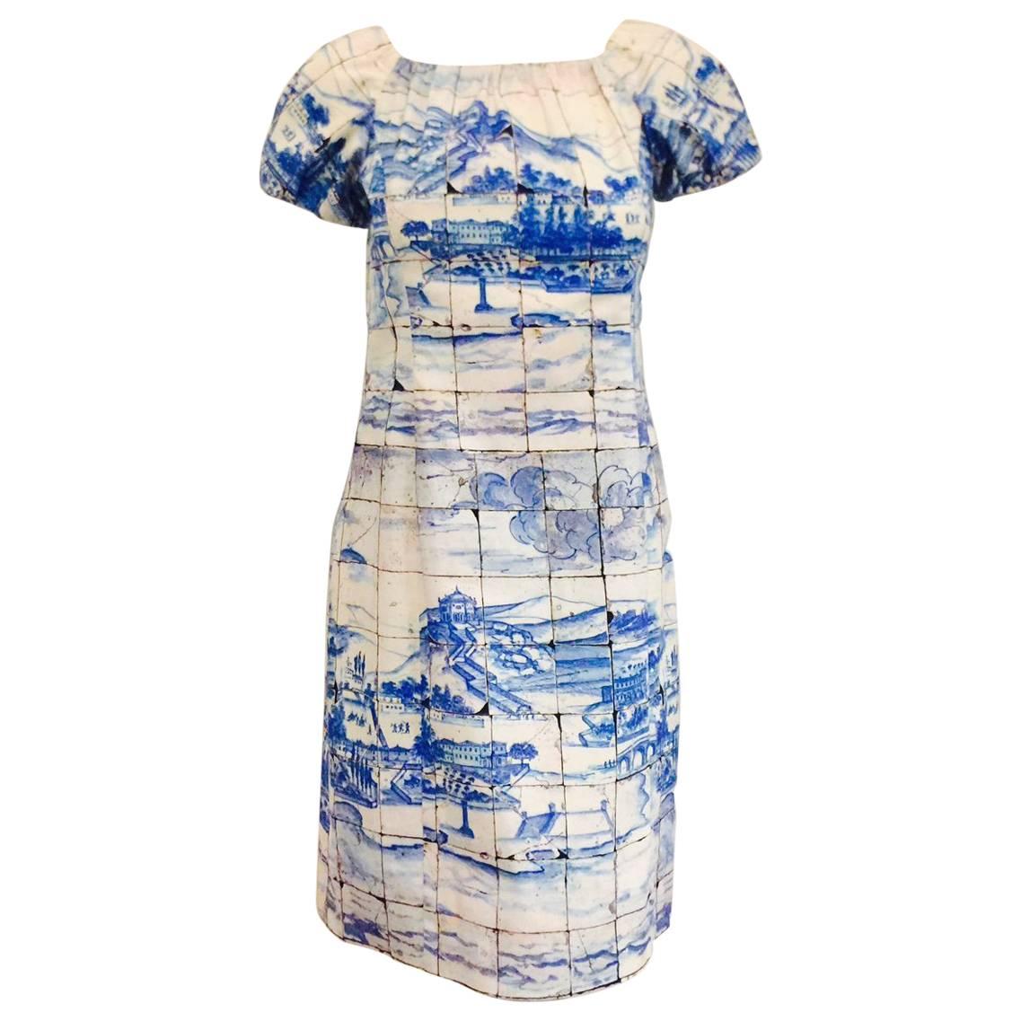 Prada Blue and White Porcelain Print Cotton Shift Dress With Pouf Short Sleeves For Sale