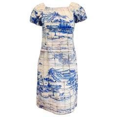 Prada Blue and White Porcelain Print Cotton Shift Dress With Pouf Short Sleeves
