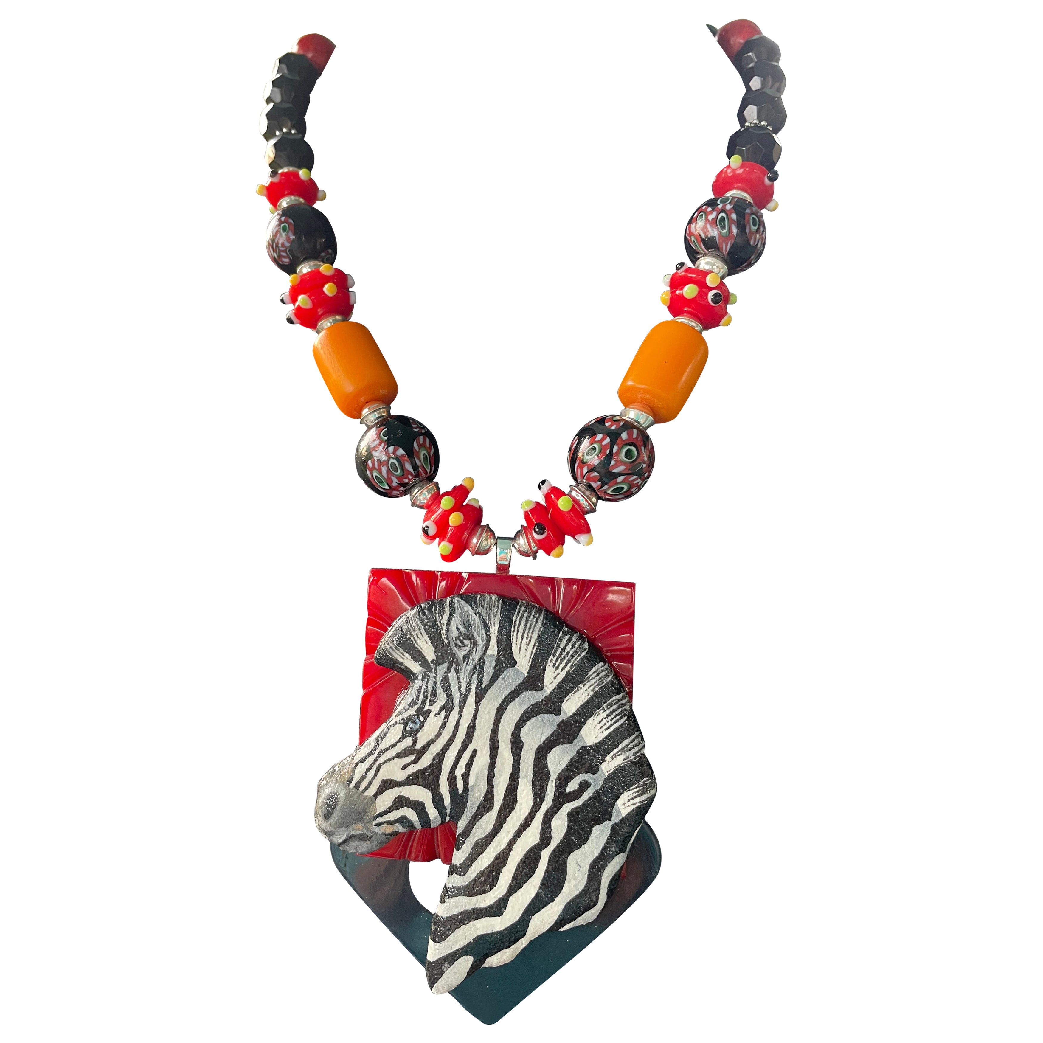 LBbb be offers Handmade Zebra Bakelite African Glass Jet SS Coral Necklace For Sale