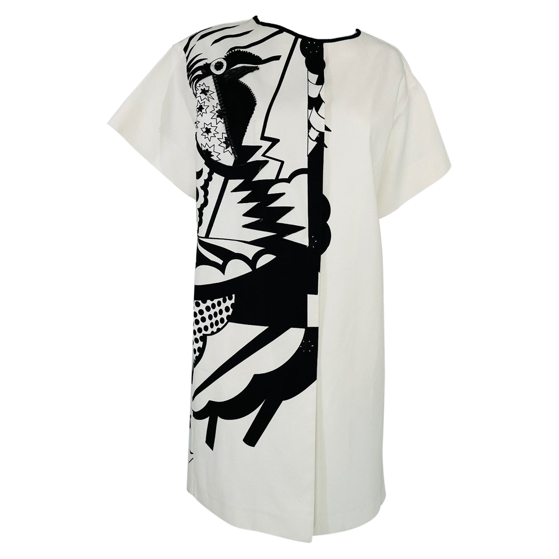Piazza Sempione Black & White Pop Art Cotton Canvas Smock Dress 46 For Sale