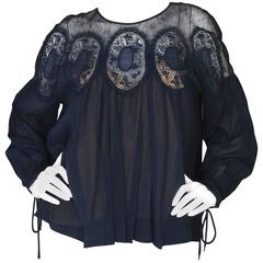 Chloe Navy Cotton & Lace Parachute Blouse sz FR34