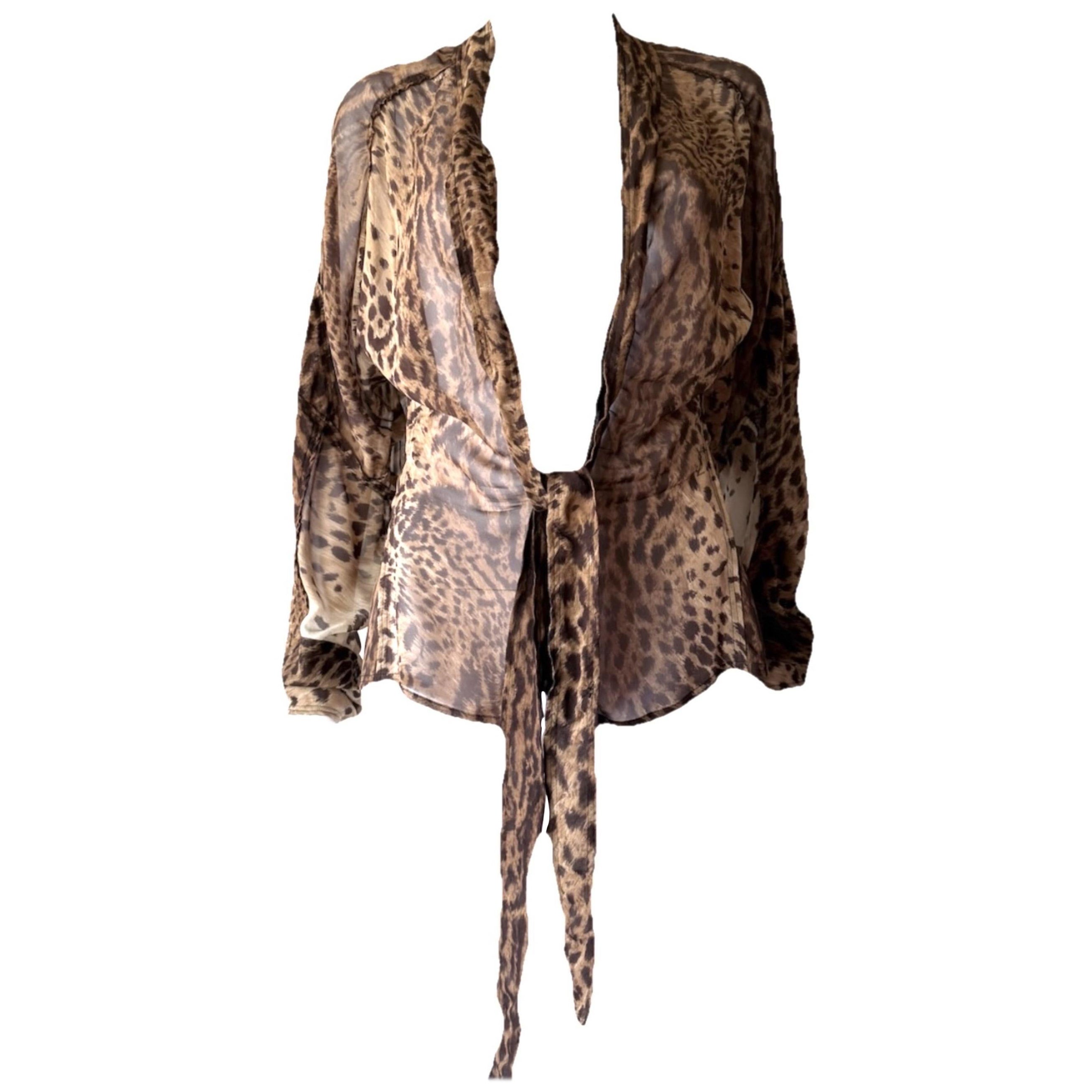 YVES SAINT LAURENT by TOM FORD Vintage Pasarela S/2002 Top de seda Safari de leopardo