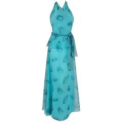 1970 Stephen Burrows Blue Bird-Novelty Print Chiffon Halter Backless Dress Set 9