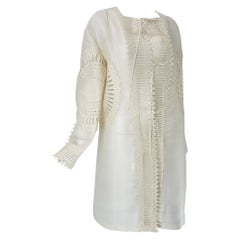 Off White Laser Cut Sheer Silk Blend Art to Wear Tie Front Coat M-L
