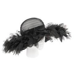 CHRISTIAN DIOR Chapeaux c.1960's Black Sheer Horsehair Silk Floral Cartwheel Hat