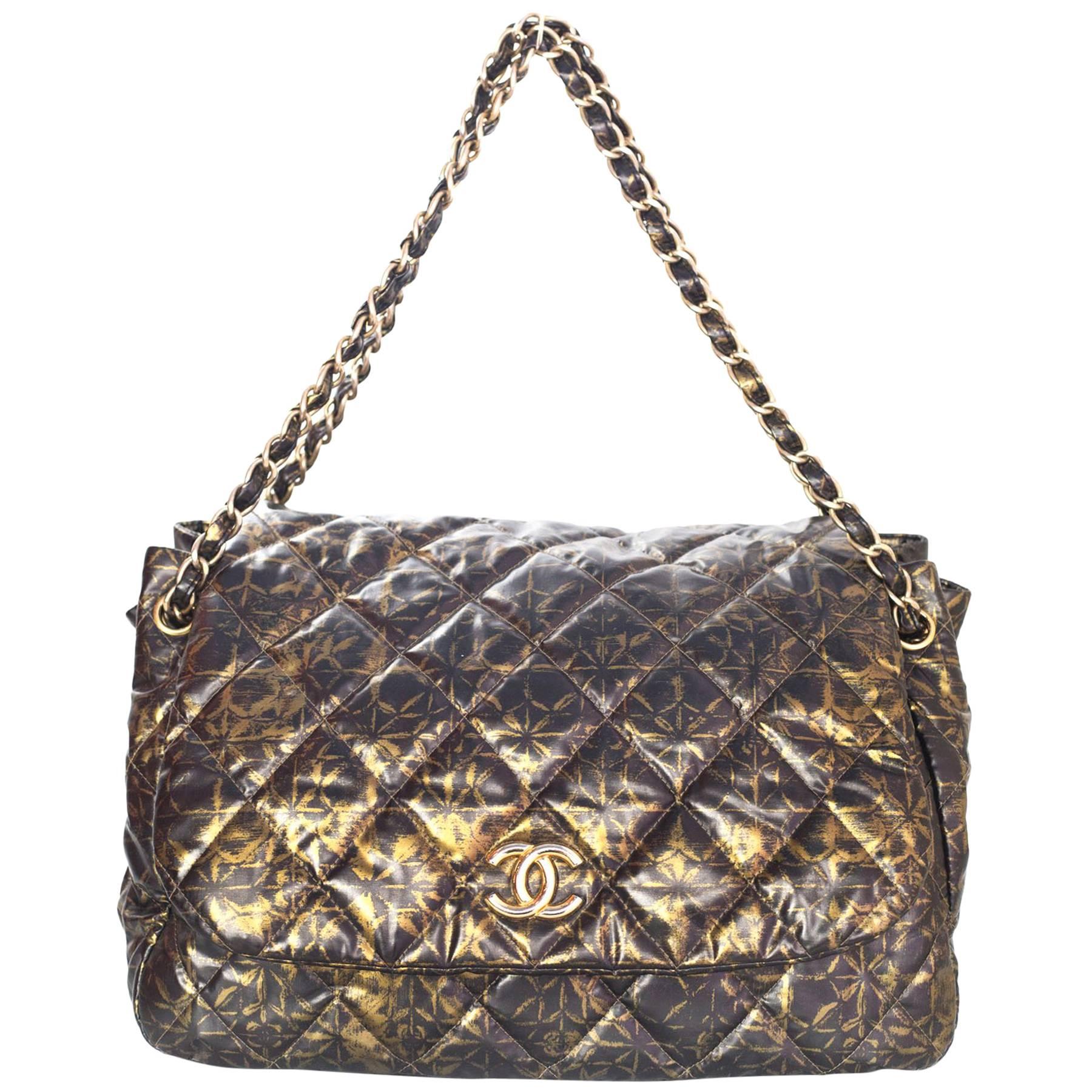 Chanel Black and Gold Quilted Print Accordion Flap Bag