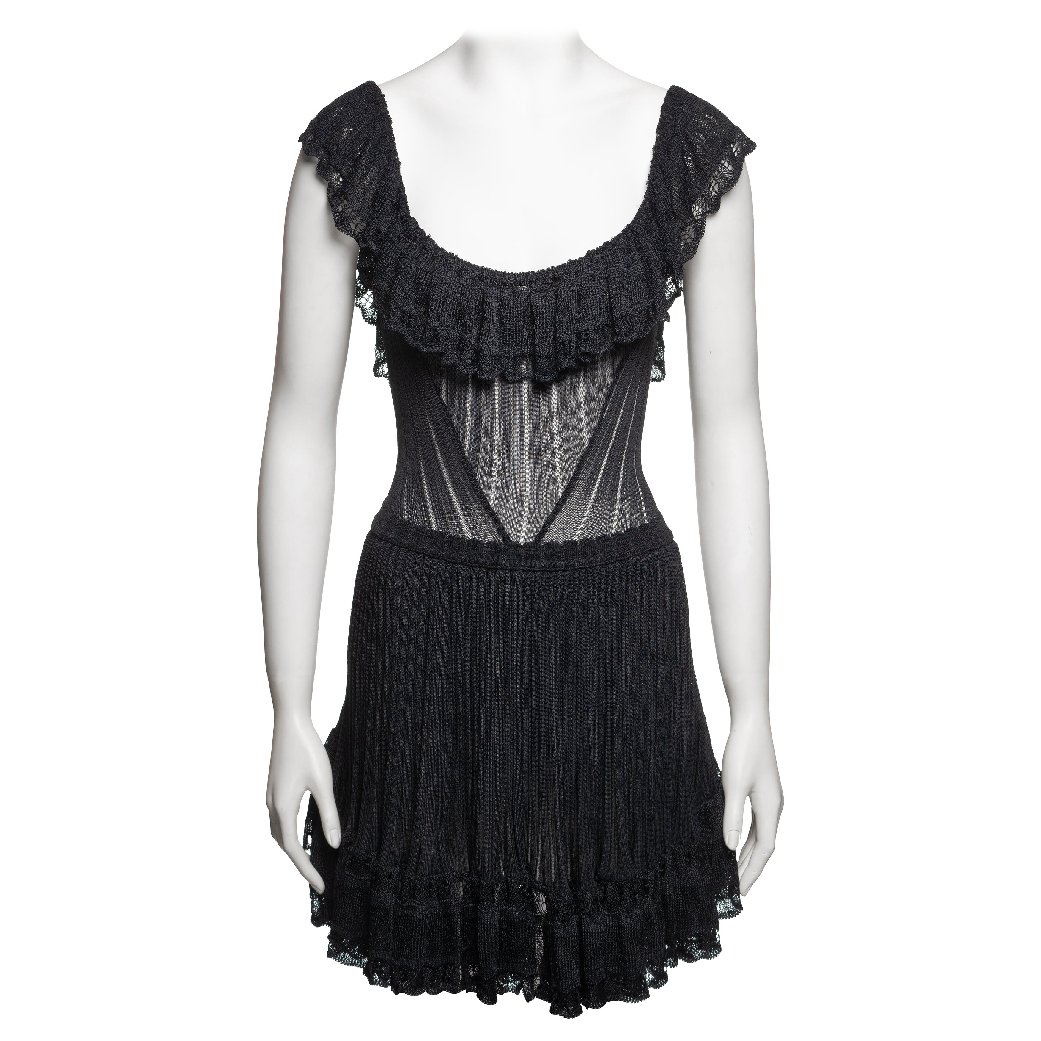 Azzedine Alaïa Black Viscose Knit Lace Dress with Integrated Bodysuit, SS 1992 For Sale