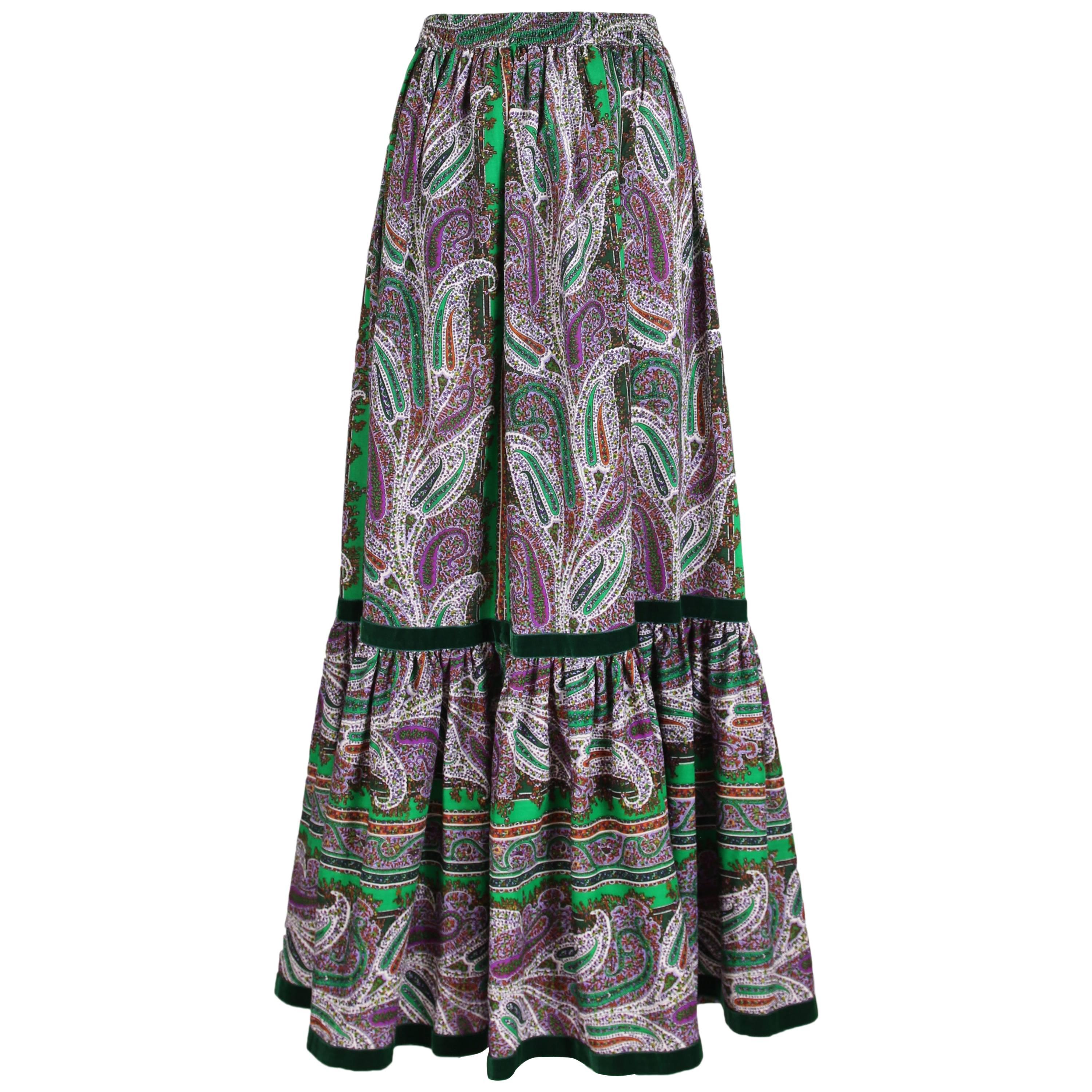VintageYves Saint Laurent YSL Paisley Print Peasant Maxi Skirt w/Velvet Trim