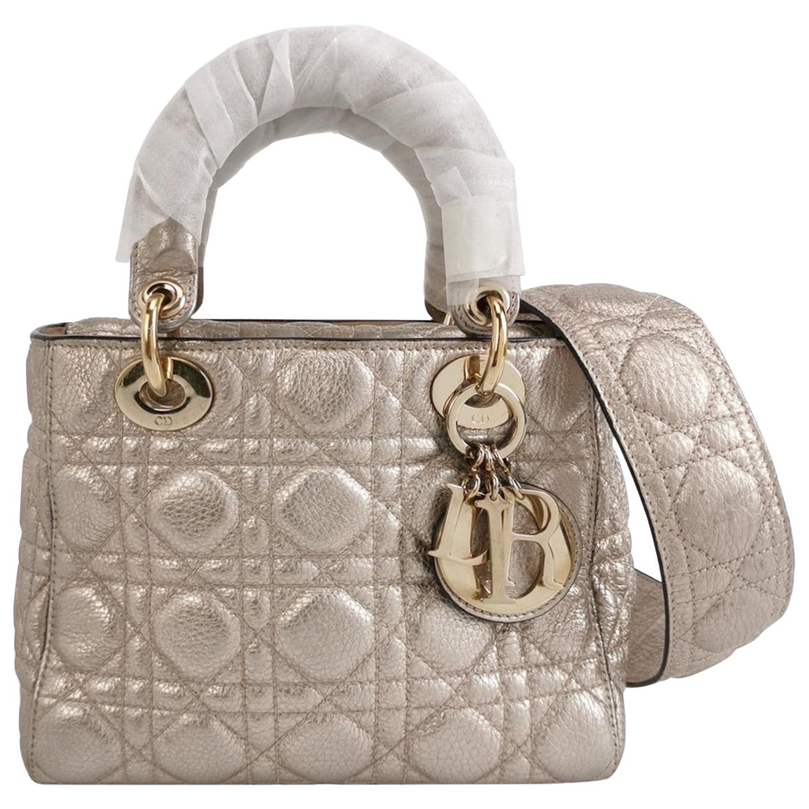 Lady Dior Small Supple Calfskin Leather Champagne Gold Cannage Handbag  Strap