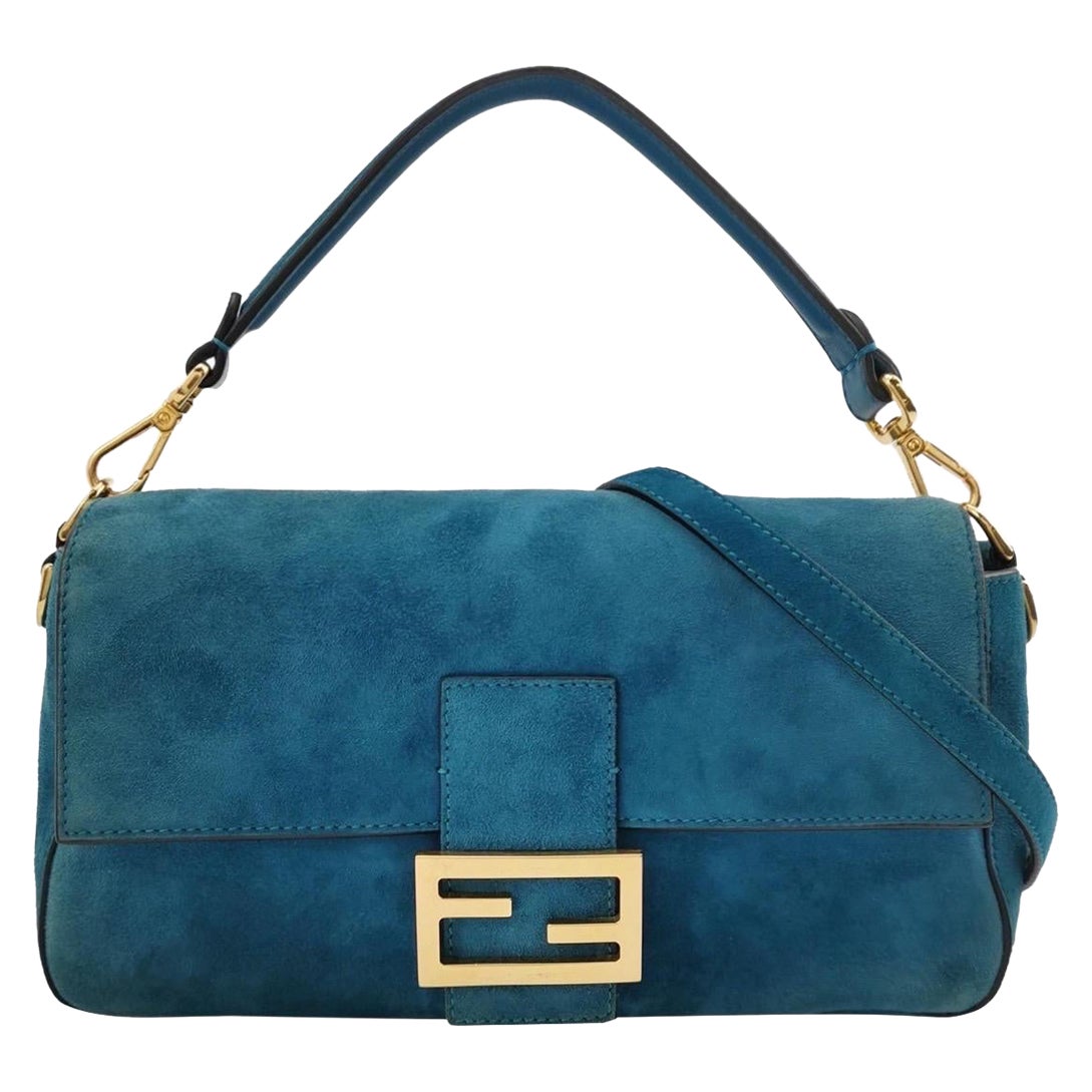 Fendi Baguette Selleria Sac à bandoulière en cuir daim Moyen Bleu sarcelle