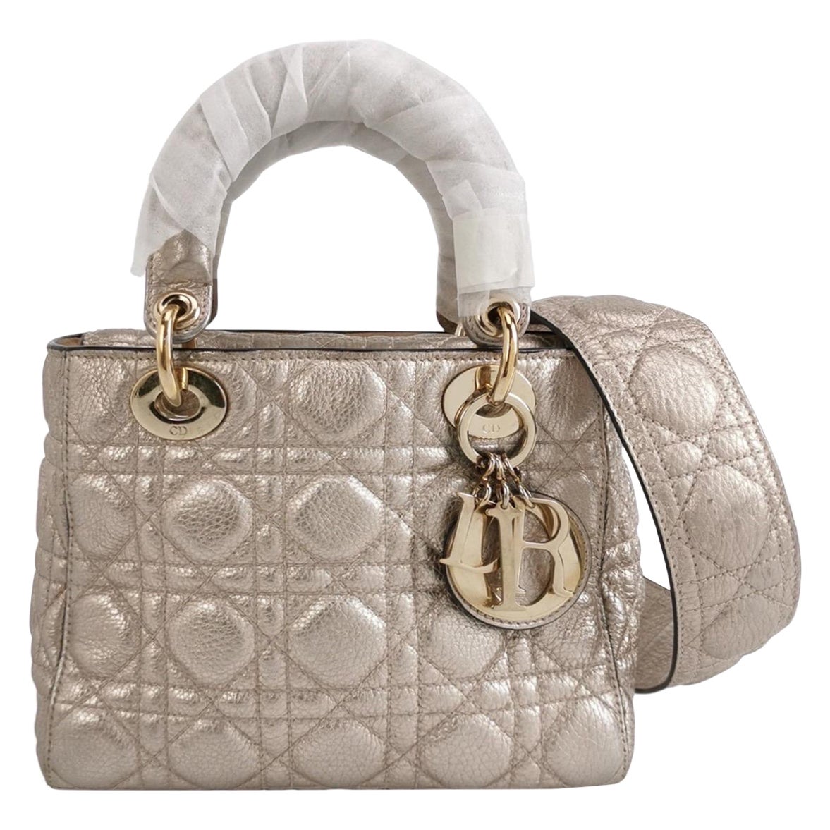 Lady Dior Small Supple Calfskin Leather Champagne Gold Cannage Handbag  Strap For Sale