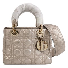 Lady Dior Small Supple Calfskin Leather Champagne Gold Cannage Handbag  Strap