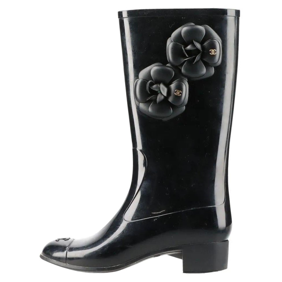 Chanel CC Logo Camellia Rubber Rain Boots Black