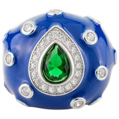 Statement Blue Enamel Cocktail Silver Ring with Green and White Stones Jewelry