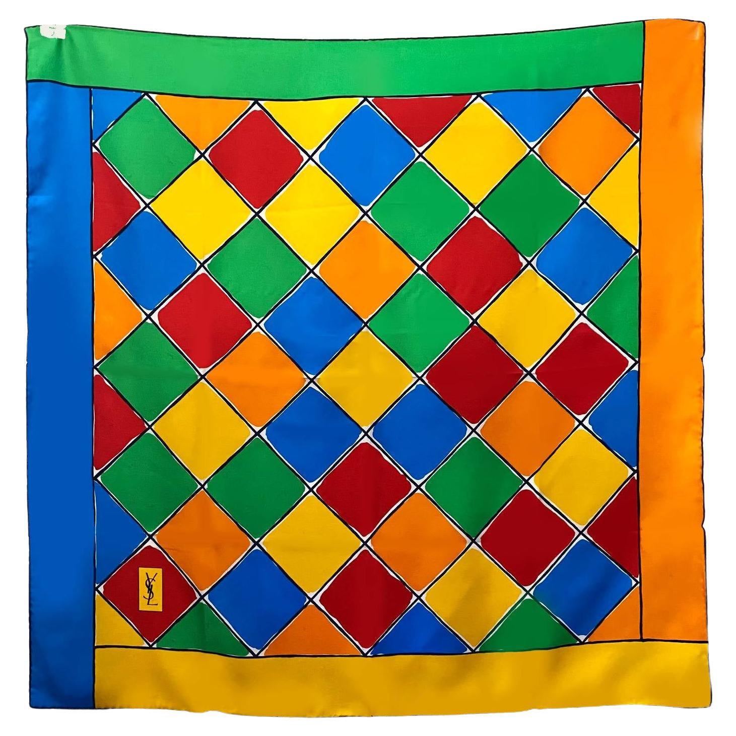 1980s Yves Saint Laurent Multicolor Geometric Silk Scarf For Sale