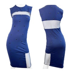 2000s CD GREENE Navy Blue Sheer Panel Bodycon Dress with Crystal Embellishments